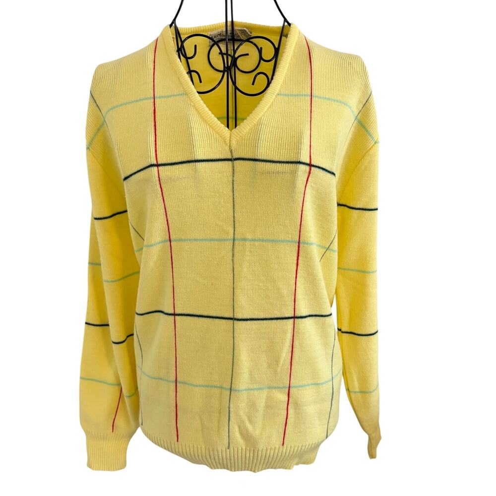 Vintage 70's La Mode Du Golf Yellow Plaid V Neck Knit Sweater Pullover Retro XL